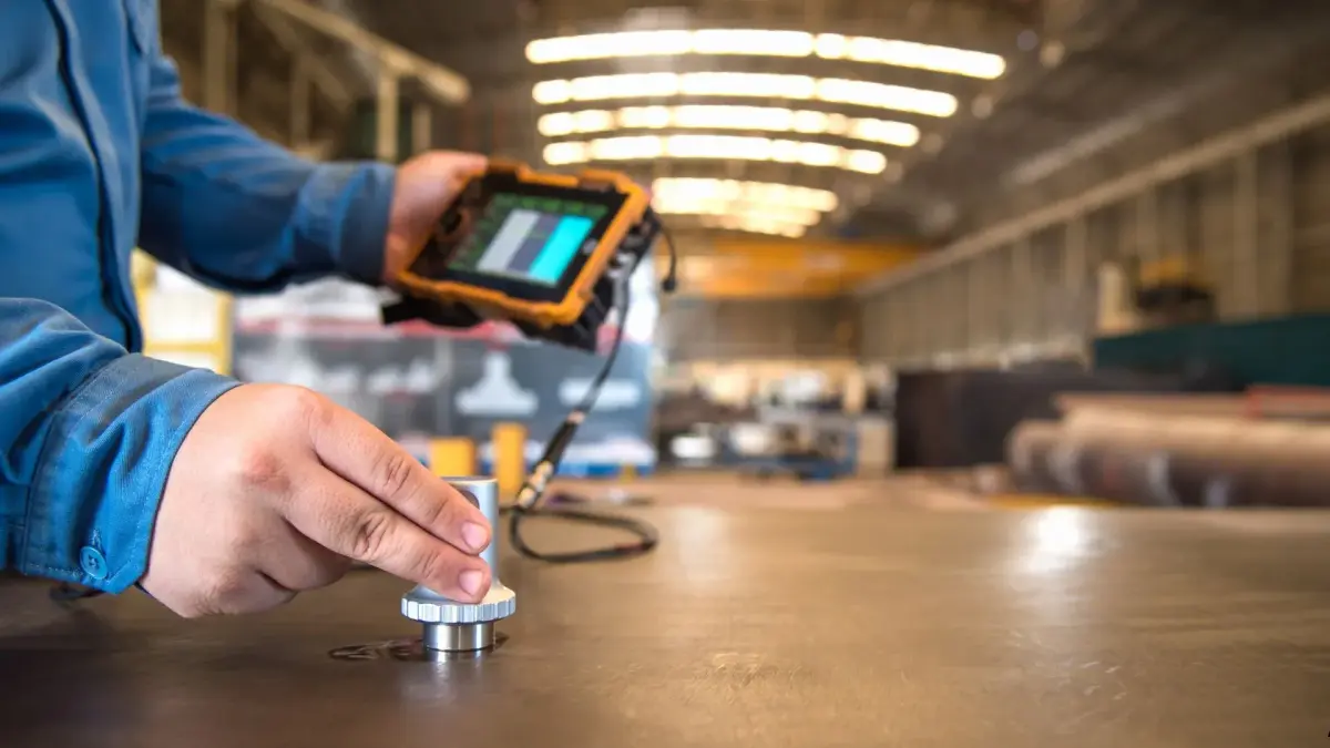 Technician working in a hydraulic repair and calibration workshop.